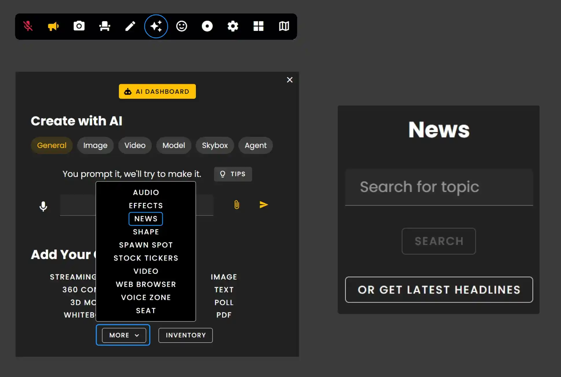 The Creation Menu button in the toolbar
